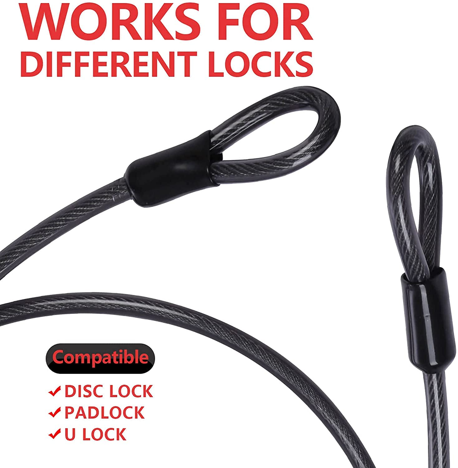 DELSWIN Security Steel Cable with Loops - 12mm (1/2 inch) Thick 4FT Heavy Duty Bike Lock Cable Vinyl Coated Braided Cables for U-Lock and Padlock