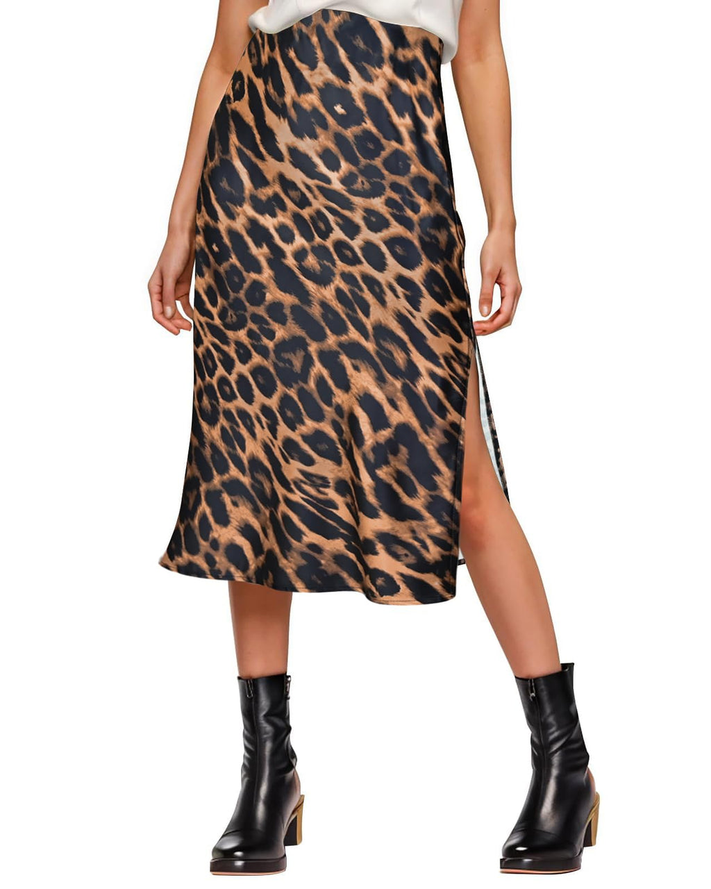 Amy Babe Womens Satin Silk High Waist Slit Midi Skirt Elastic Waistband Midi Skirts for Women