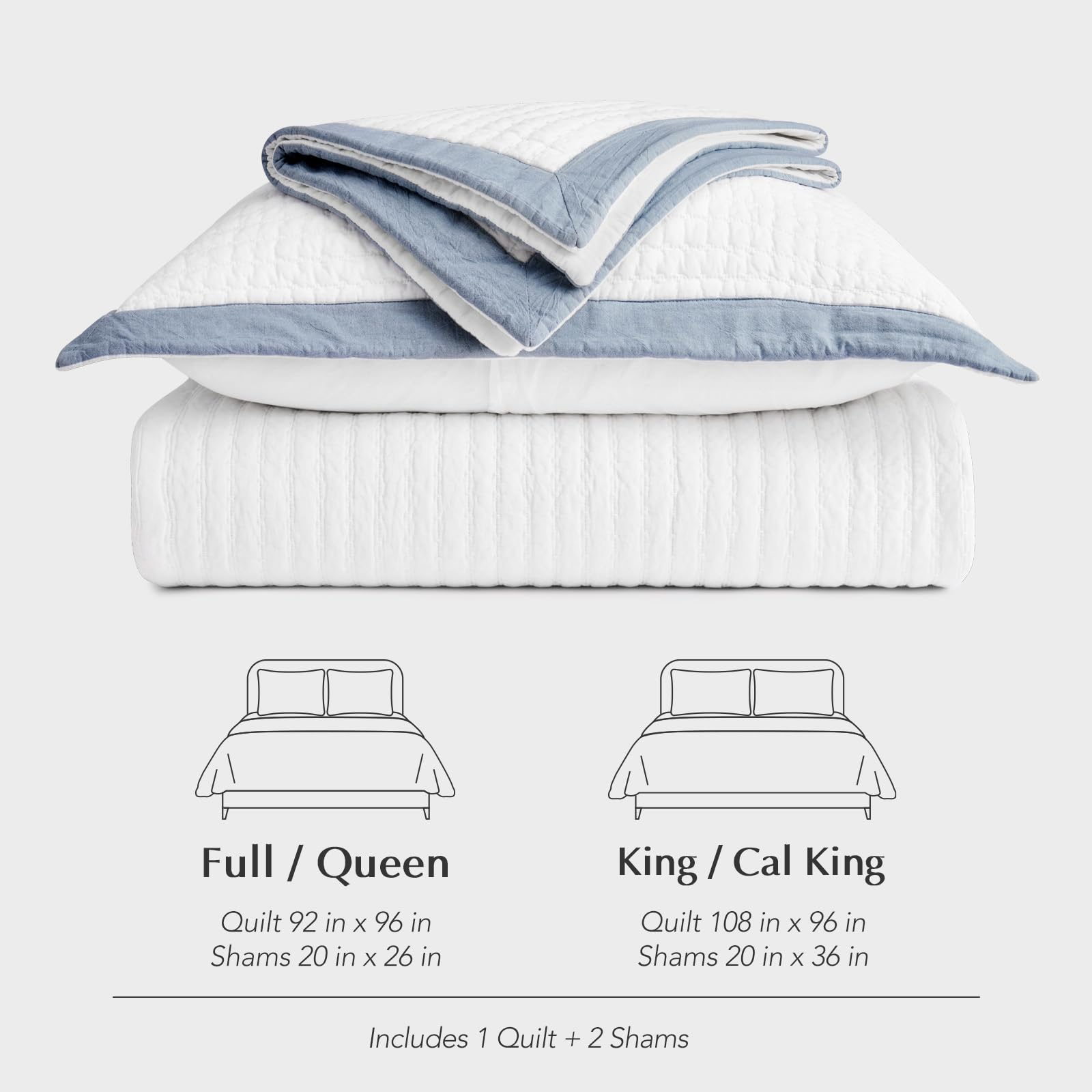 EVERGRACE Cotton Border Frame Tack-Stitch Quilt Bedding Set Queen Size, Coastal Oversized 3 Pieces Lightweight Bedspread Coverlet for All Season, with 2 Matching Shams, Blue Linen
