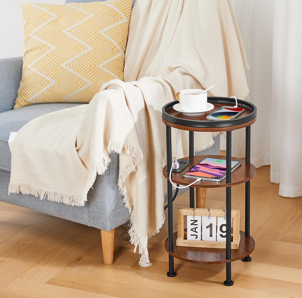 Small Round Side Table with Charging Station for Small Spaces, 3-Tier Accent Table with USB Ports & Power Outlets, Sofa Corner Tea Table for Living Room Nightstand Bedroom Apartment (Black)
