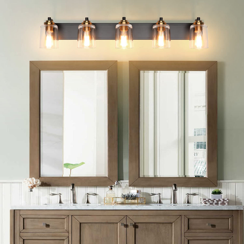 SOLFART 20.1 Inch Black Vintage Bathroom Vanity Light Fixtures Fixtures with Modern Glass Globe Shade Metal Brass Wall Lamp 2 Lights