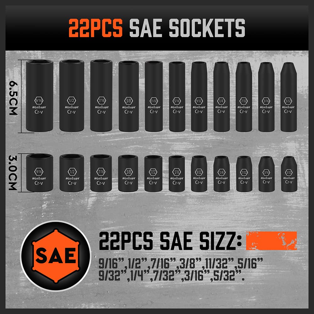 HORUSDY 1/2" Drive Shallow Impact Socket Set, 24-Piece SAE (7/16"-1") and Metric (13-24mm), 6 Point, Cr-V, Includes 1/2-Inch Drive Ratchet Handle, Drive Extension Bar