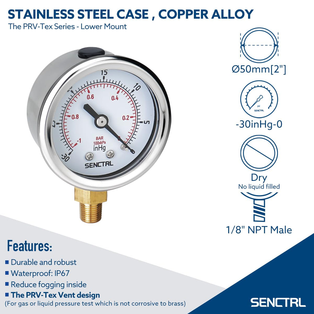 SENCTRL 30inHg Vacuum Pressure Gauge, 2" Dial, 1/8 NPT Lower Mount, Waterproof, Stainless Steel Case, for Tube Tester, HVAC, Pneumatic Air Compressor, Hand Pump, Valve Test