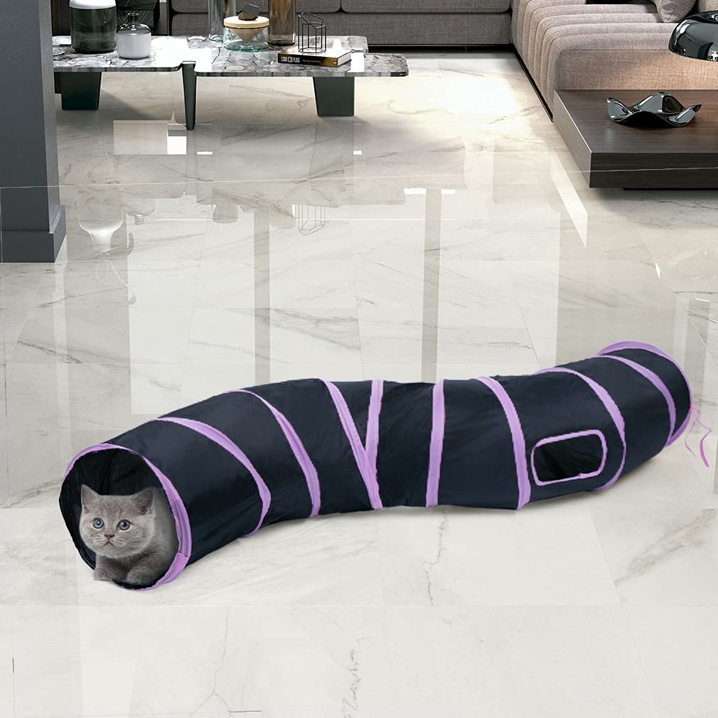 Sheldamy Cat Tunnel, 2-Way Collapsible Play Tunnel, Interactive Toy Maze for Small Animals, Suitable for Kittens, Puppies, Rabbits, Ferrets, Blue & Black