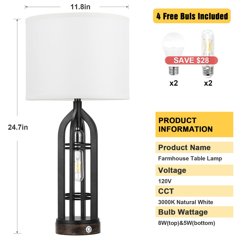 Seealle Table Lamp for Living Room Set of 2 - Wood-Like Bedside Lamp for Bedroom with USB C+A & Outlet, Farmhouse Lamps for Night Stands, 3-Way Dimmable Touch Lamps for Living Room