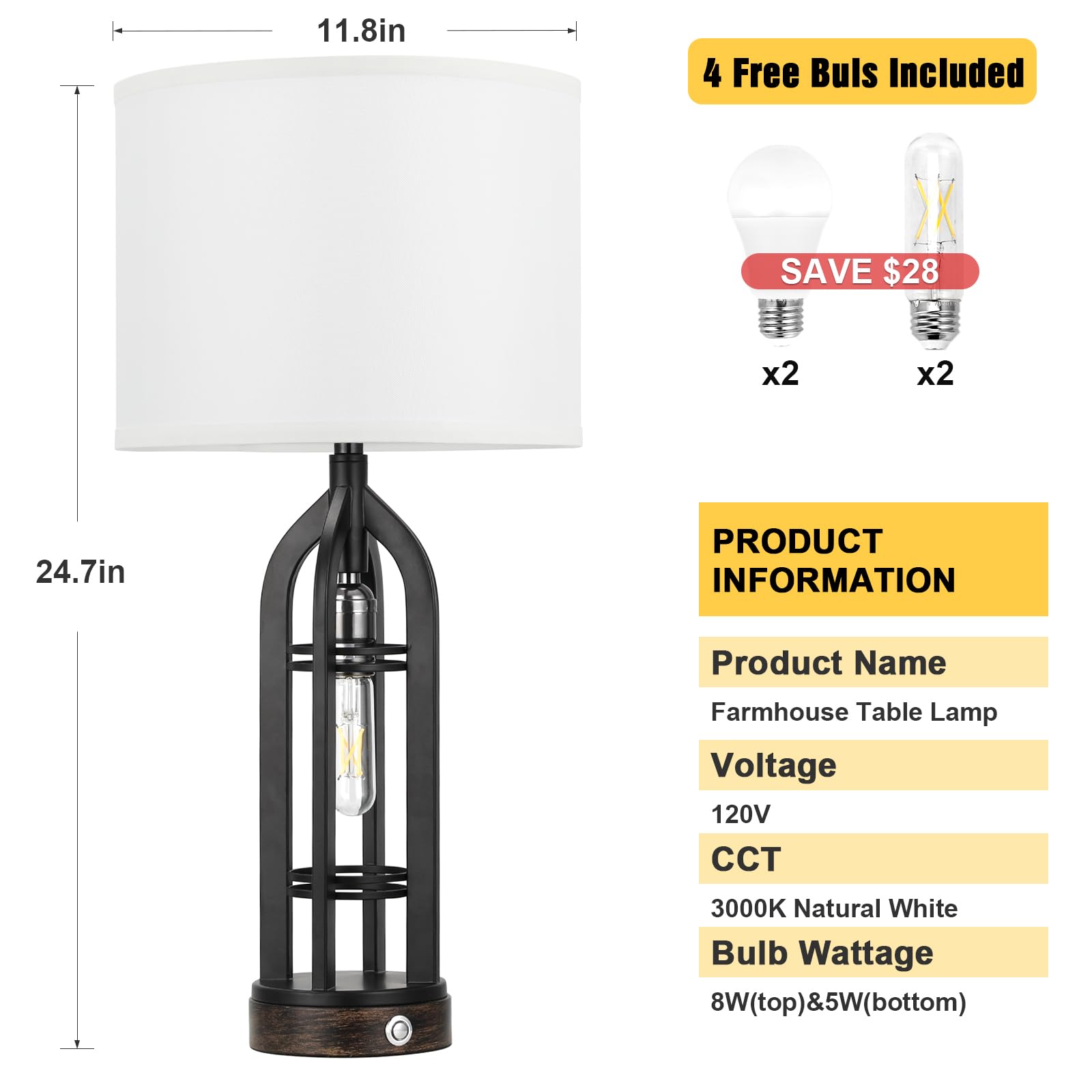 Seealle Table Lamp for Living Room Set of 2 - Wood-Like Bedside Lamp for Bedroom with USB C+A & Outlet, Farmhouse Lamps for Night Stands, 3-Way Dimmable Touch Lamps for Living Room