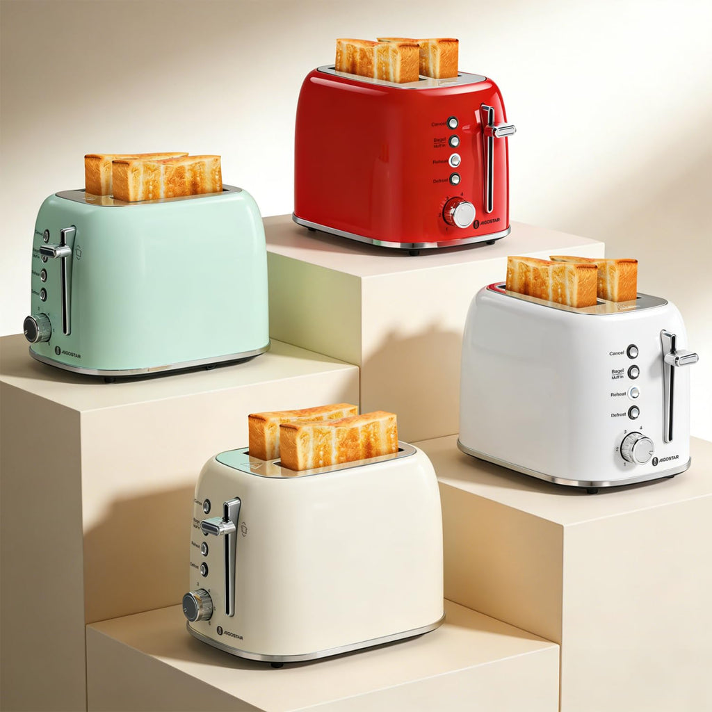 Aigostar Toaster 2 Slice Retro Toaster Stainless Steel, 1.6 inch Extra Wide Slots Bread Toaster Bagel, Cancel, Defrost Function, 6 Shade Settings & Removable Crumb Tray for Bread Waffle, Aqua Green