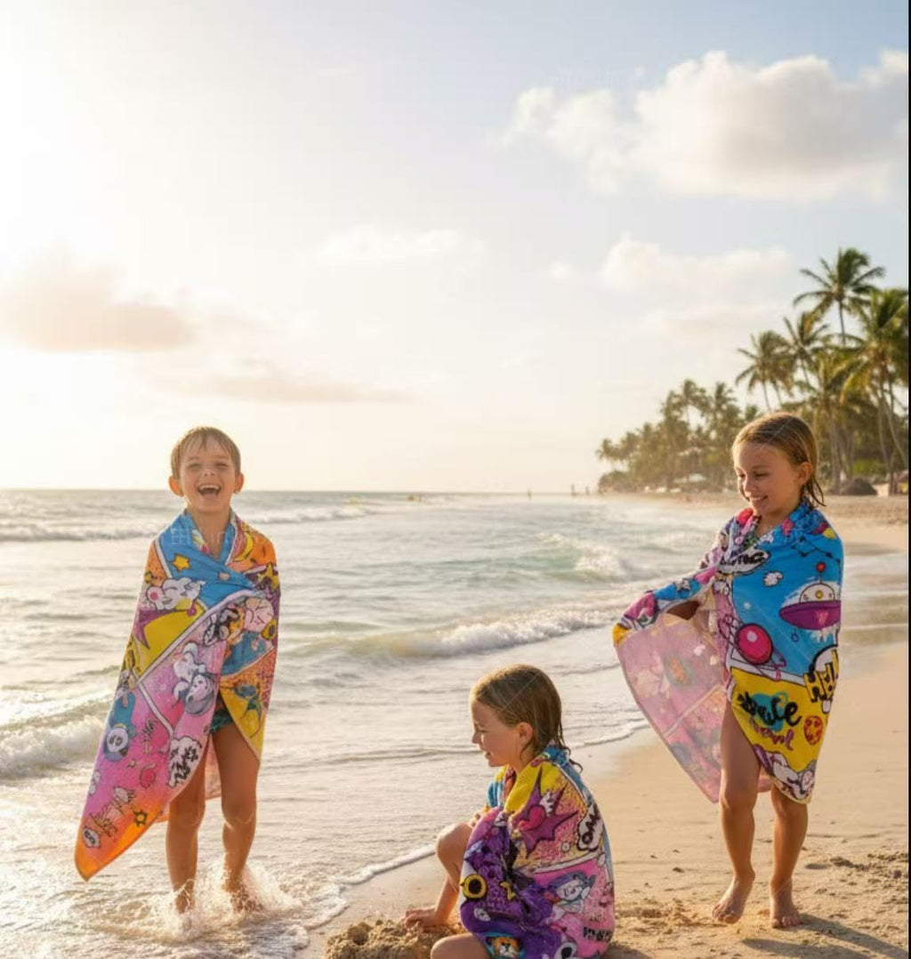 Kids Beach Towel Velour Terry Blanket Throw 100% Cotton Super Soft Absorbent 25.5X51 inches for Bath Swimming Sports Camping Holiday Picnic, Bus Coconut Parasol Lounge Audio Player.