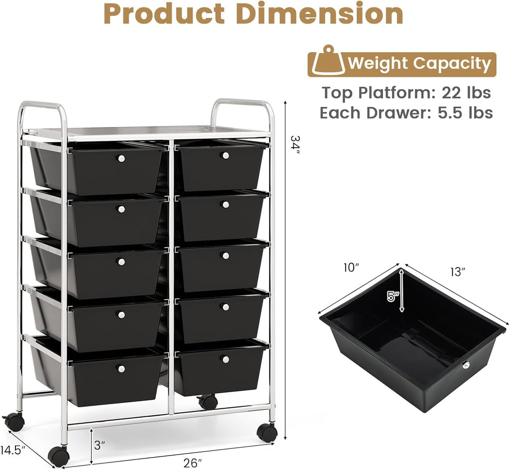 LDAILY 9 Drawer Rolling Storage Cart, Rolling Cart with Drawers for Classroom, Art Supply Craft Organizer on Wheel with Metal Frame & Handles for Home Office School