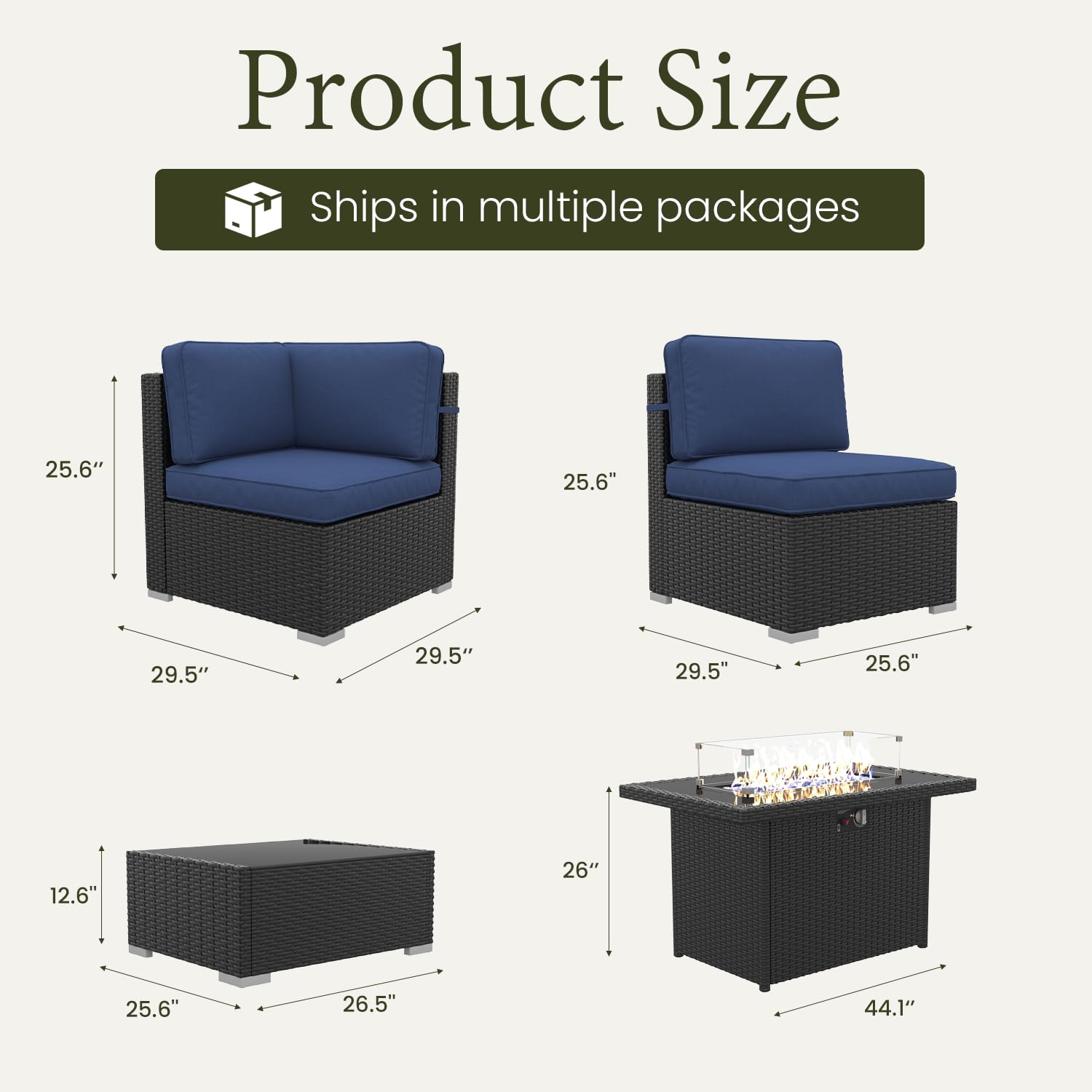 LayinSun 7 Pieces Outdoor Patio Furniture Set with 44" Fire Pit Table Rattan Sectional Sofa Conversation Sets
