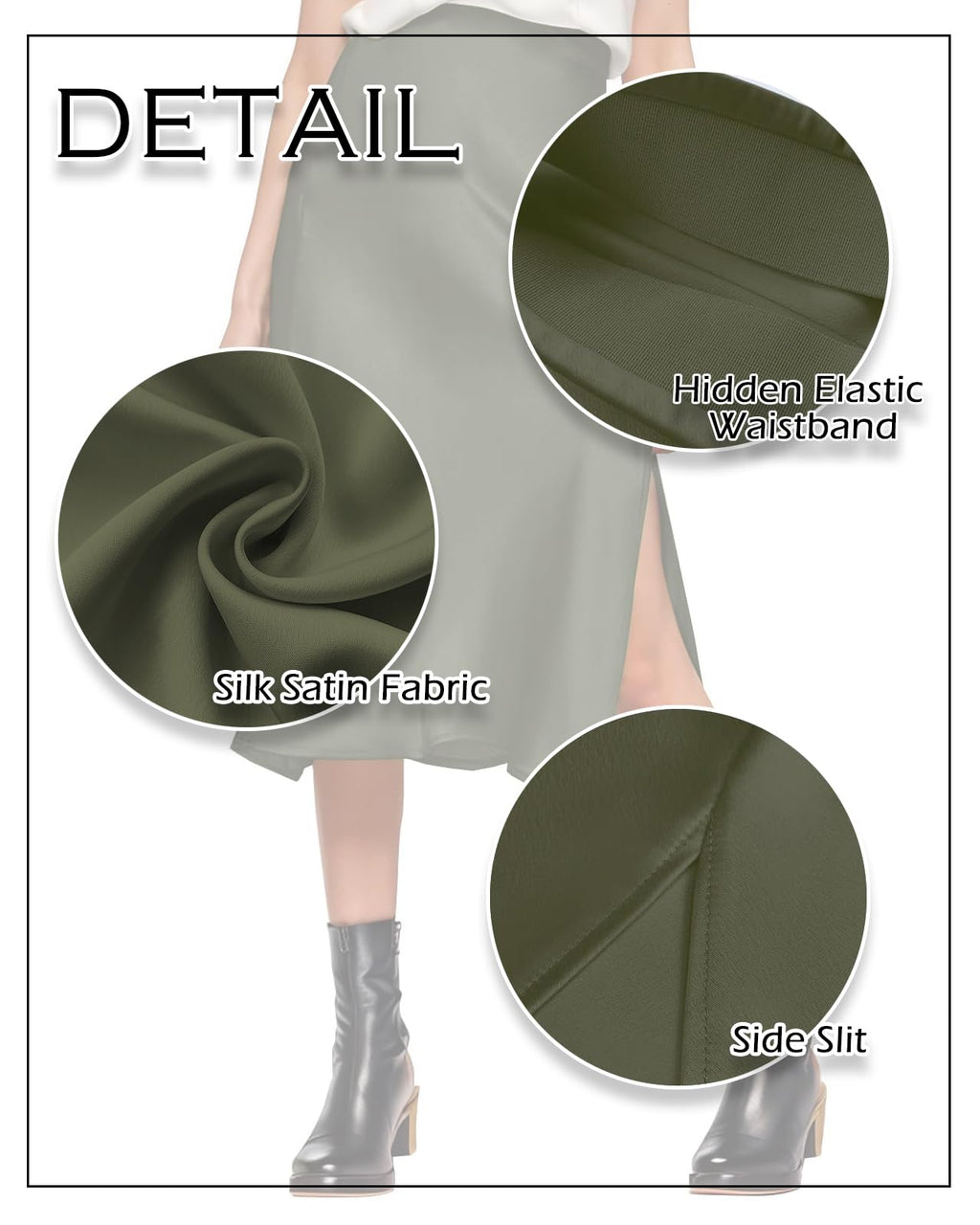 Amy Babe Womens Satin Silk High Waist Slit Midi Skirt Elastic Waistband Midi Skirts for Women