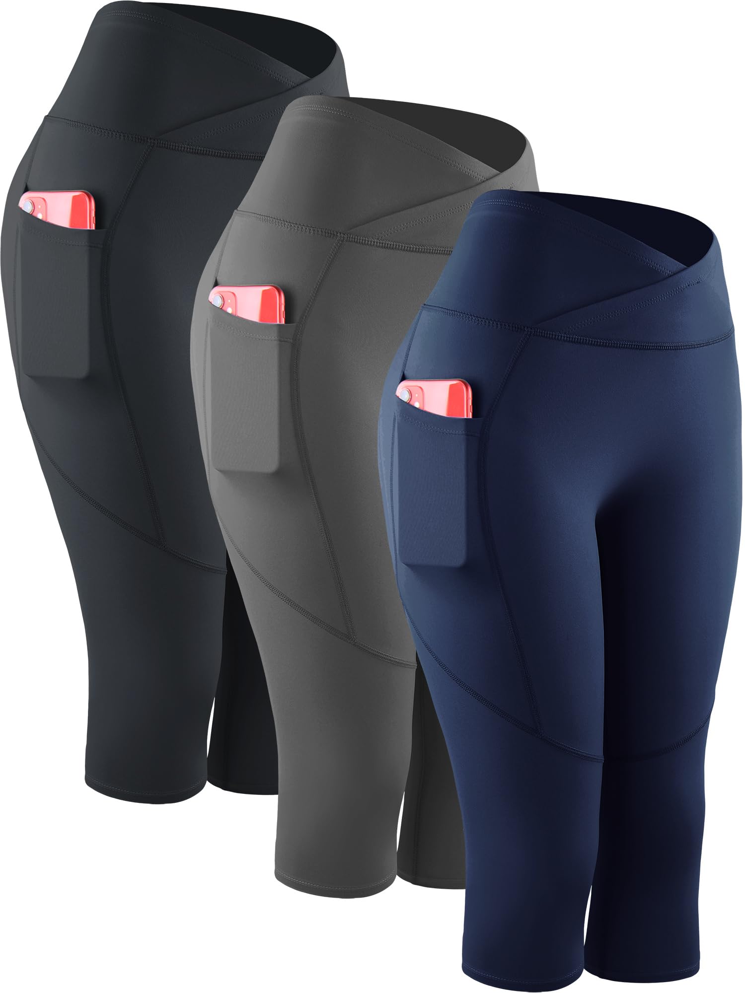 CADMUS Womens High Waist Workout Legging Capris for Yoga w Side Pockets