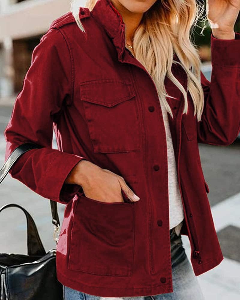 Soulomelody Women Military Anorak Jackets Zip Up Snap Buttons Parka Safari Utility Coats Outwear with Pocket