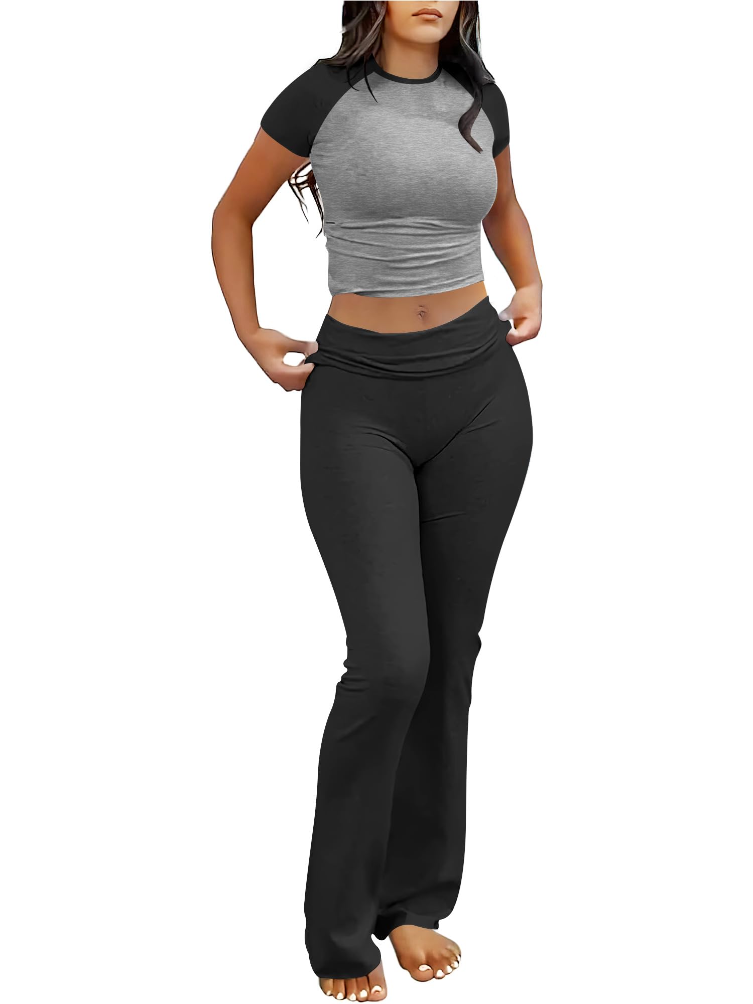 ANRABESS 2 Piece Lounge sets for Women | Soft Comfy Stretchy, Crop Top & Foldover Flare Leggings, Yoga Workout Matching Outfits, Trendy Y2k, Summer Wear Fall Layer
