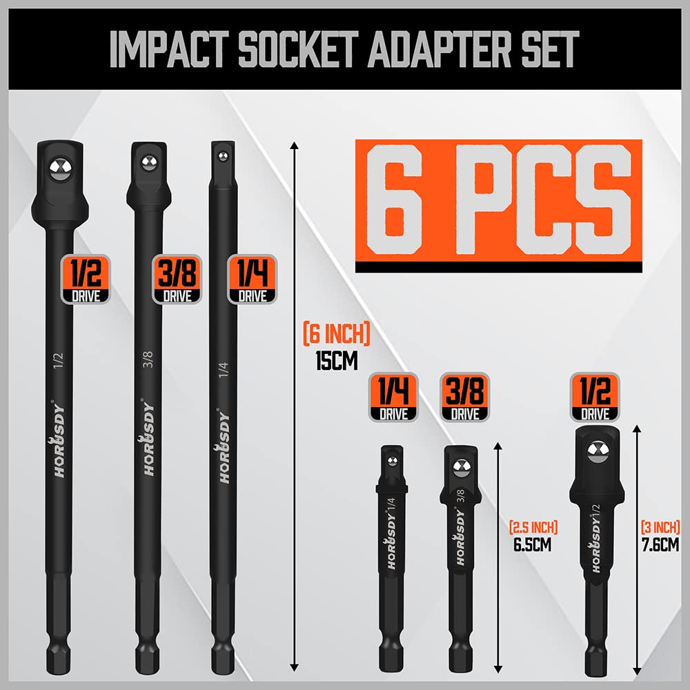 HORUSDY 6-Piece Impact Sockets Adapter Sets, 3-Inch and 6-Inch Hex Shank 1/4" 3/8" 1/2"