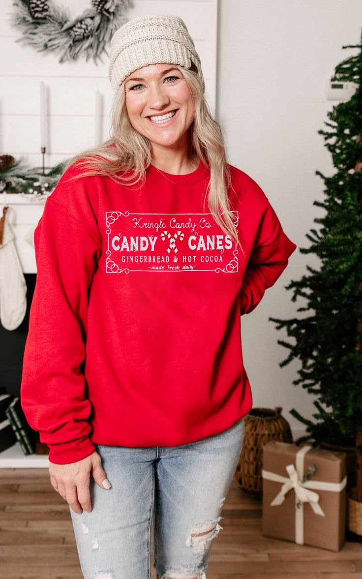 Christmas Sweatshirts Women Candy Canes Graphic Sweatshirt Vintage Xmas Long Sleeve Shirt Pullover Tops