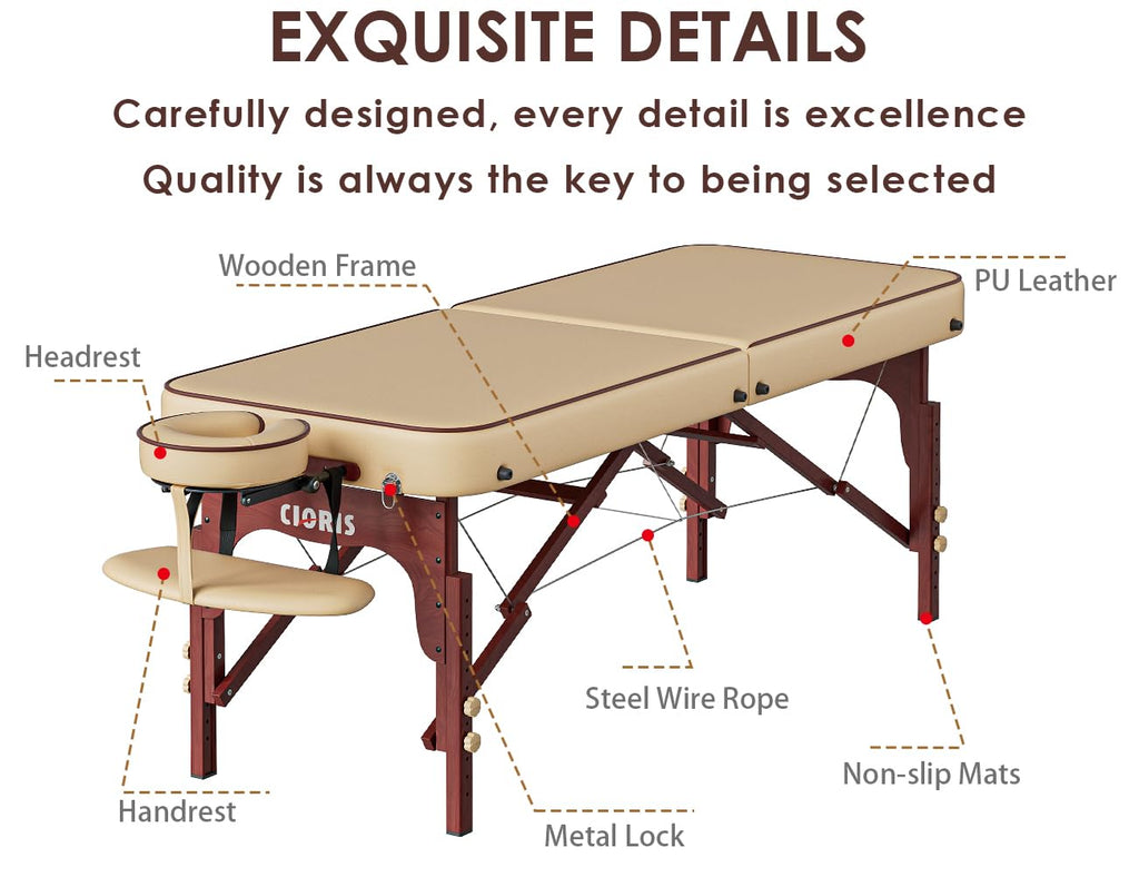 CLORIS 84" Professional Massage Table Portable Reinforced Wooden Leg 2 Folding Lightweight Spa Salon Tattoo Massage Bed Height Adjustable Hold Up to 1100LBS with Carrying Bag Black