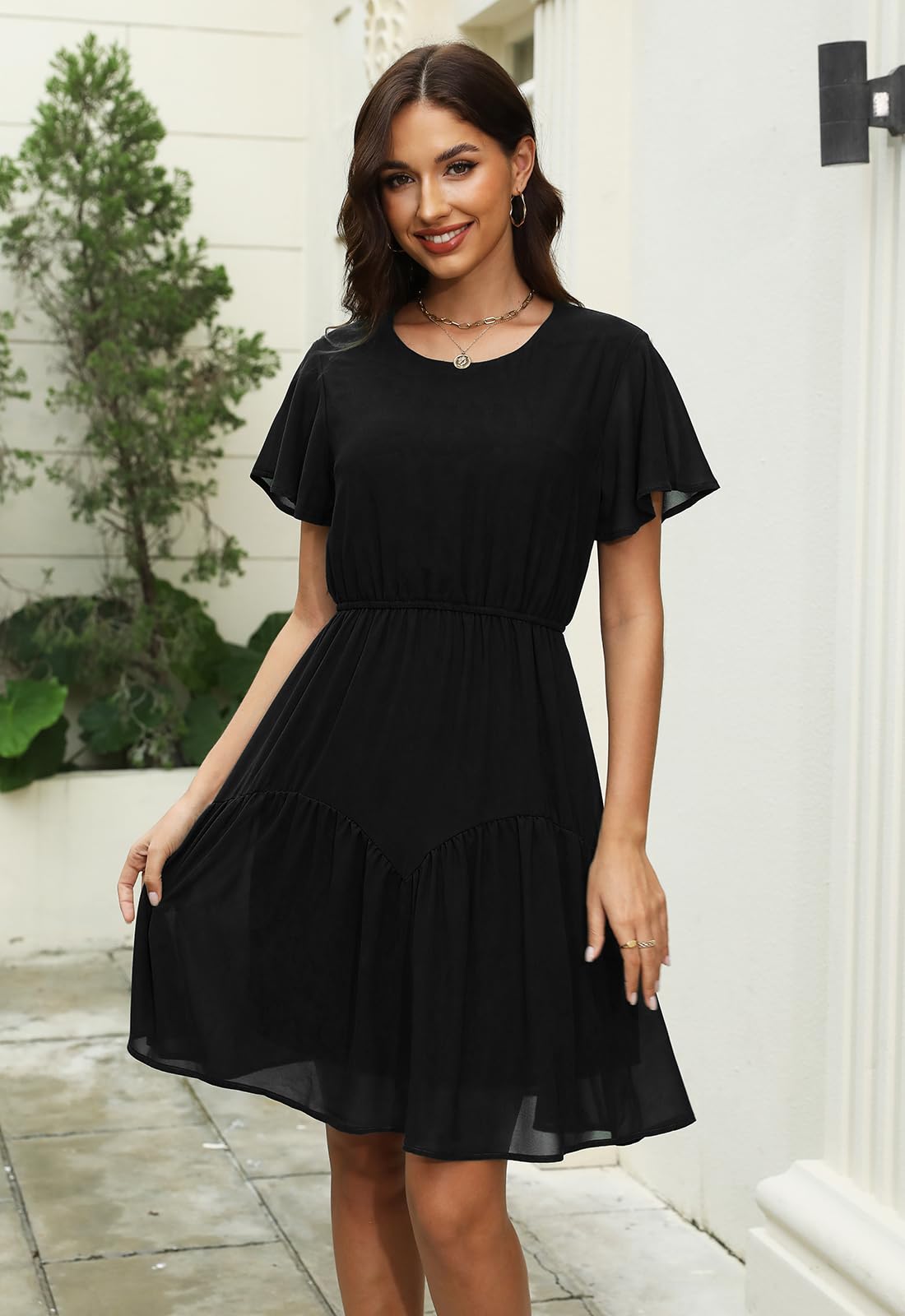 Manydress Women's Chiffon Floral Dresses Casual Summer Boho Flutter Sleeve Flowy Skater Western Dress MY112