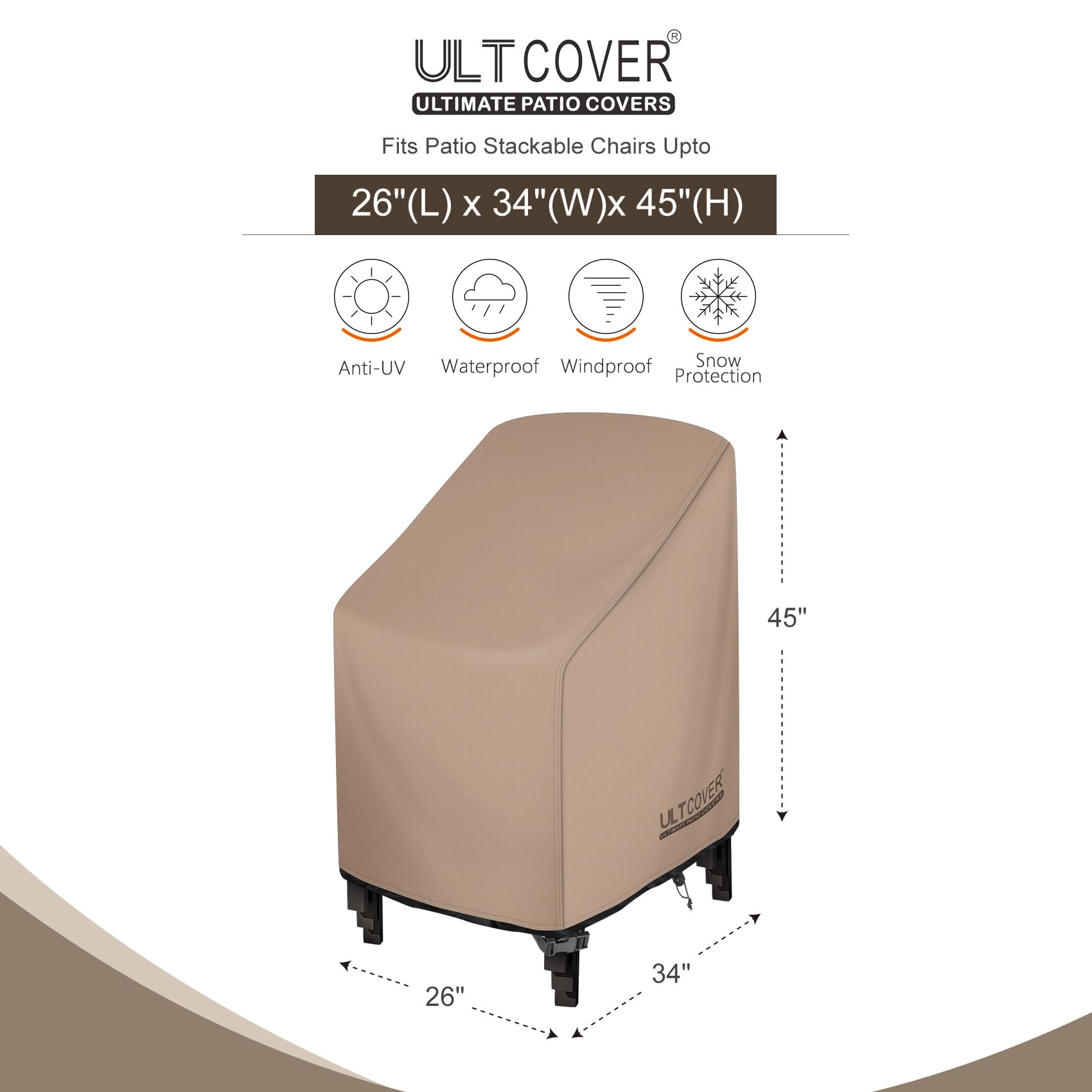 ULTCOVER Stackable Patio Chair Cover – Waterproof Outdoor Stack of Chairs Cover Fits Up to 26W x 30D x 45H inches, Balck