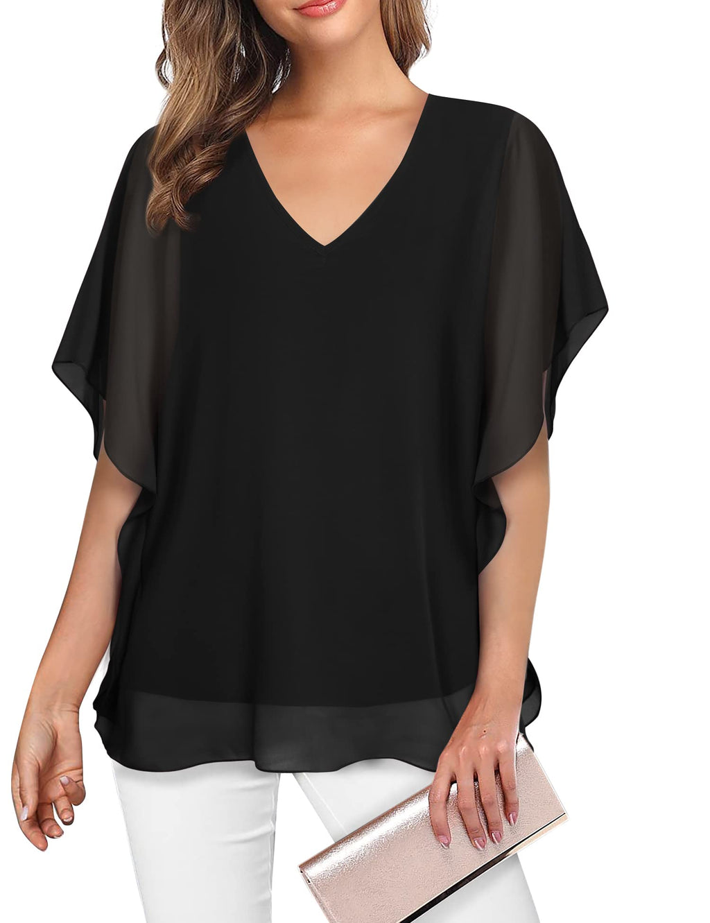 Lotusmile Women's Loose Flouncing Flutter Sleeve Double-Layered Shirt Chiffon Elegant Dressy Blouse Work Tops