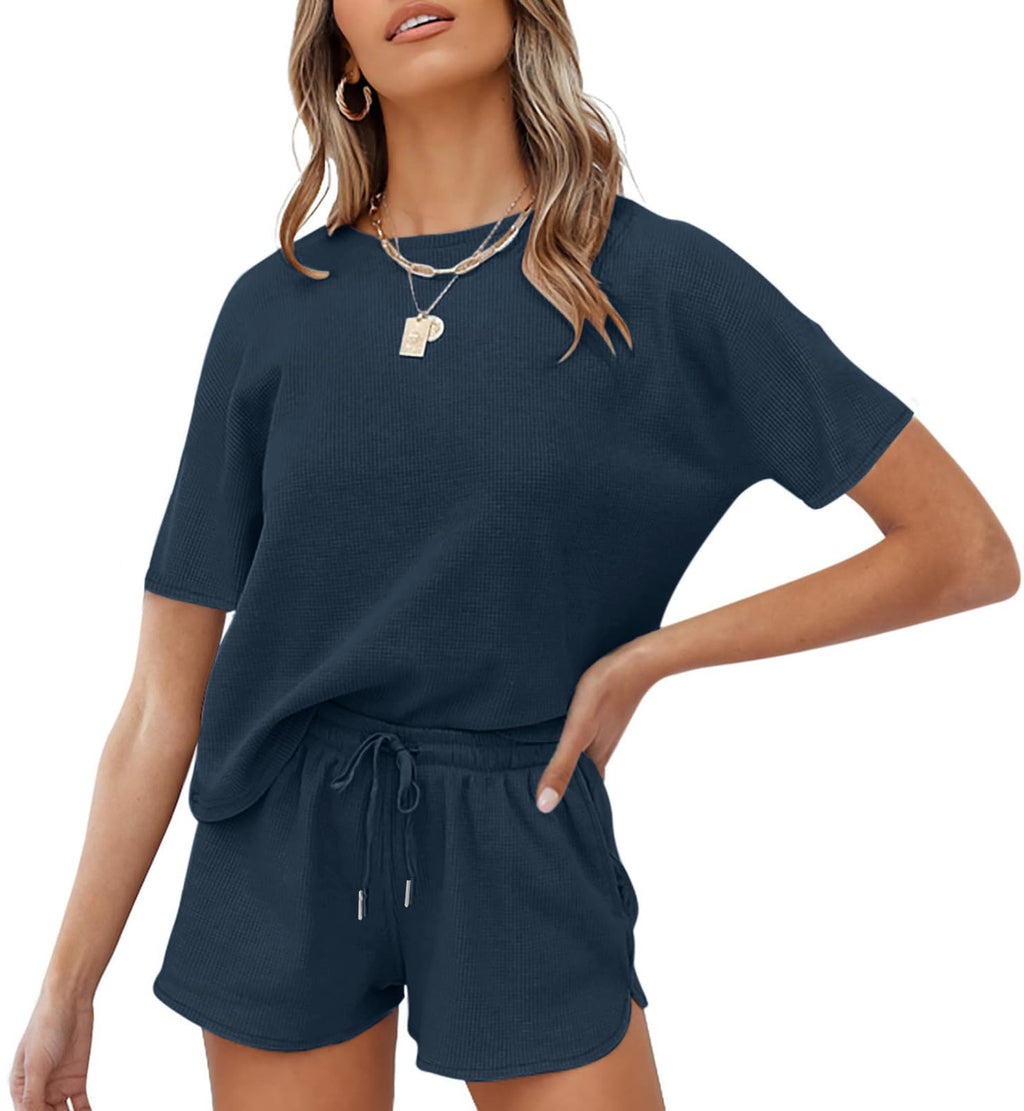 MEROKEETY Women's Short Sleeve Waffle Pajama Sets Lounge Top and Shorts 2 Piece Tracksuit Outfits