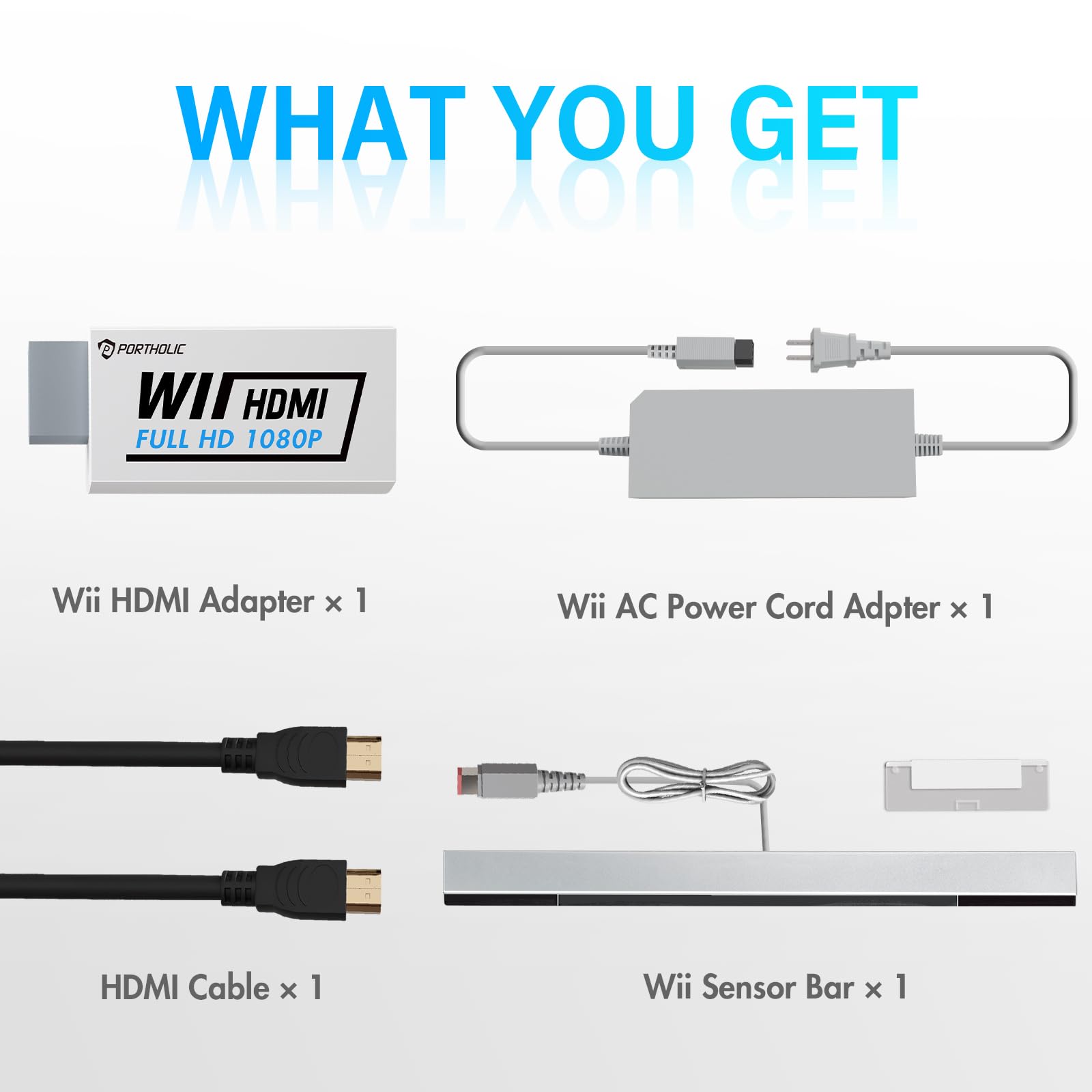 PORTHOLIC 4 in 1 Wii Replacement Cables Set, Wii AC Power Adapter + Wii to hdmi Converter+ Wired Motion Sensor Bar and Composite Audio Video Cable for Nintendo Wii