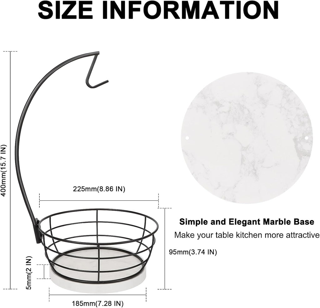 Countertop Fruit Basket Bowl with Banana Hanger, Modern Standing Fruit Vegetable Bowl Storage, with Banana Tree Holder for Kitchen Dinning Table (Round Marble, Black)