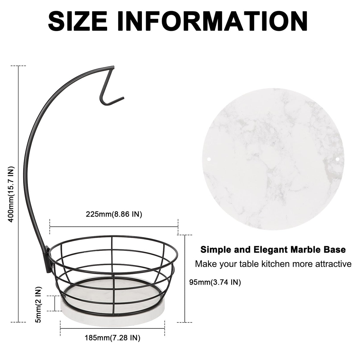 Countertop Fruit Basket Bowl with Banana Hanger, Modern Standing Fruit Vegetable Bowl Storage, with Banana Tree Holder for Kitchen Dinning Table (Round Marble, Black)