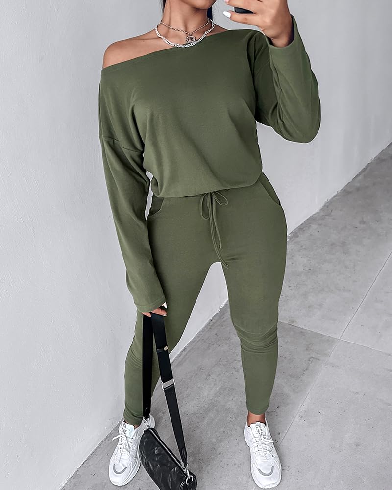 CHICME Women Tracksuit Fall 2 piece Outfits Off The Shoulder Long Sleeve Tops and Pants Set Travel Outfits