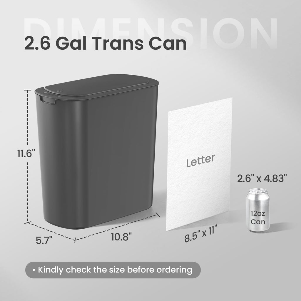 Cesun Automatic Motion Sensor Black Bathroom Trash Can with Lid, 2.6 Gallon Touchless Trash Bin, Smart Plastic Slim Garbage Can Small Wastebasket for Toilet, Office, rv, Bedroom, Living Room
