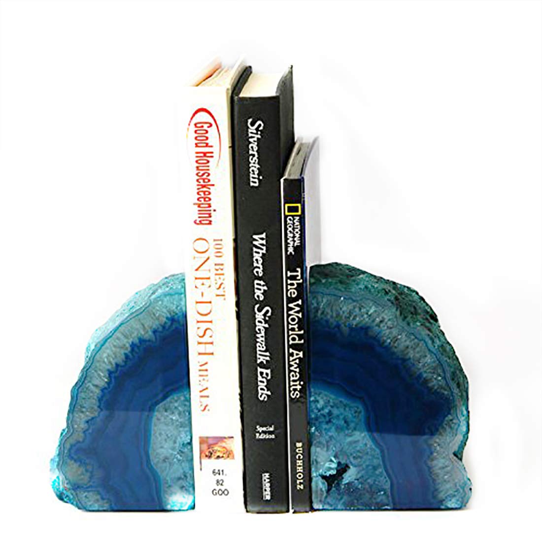 JIC Gem Black Agate Geode Bookends 2-3 Lbs Anti-Slip Rubber Pads Heavy Duty | 1Pair Natural Black Agate Crystal Decor for Shelves & Desk, Unique Small Stone Book Holder Gift for Office & Home Decoration