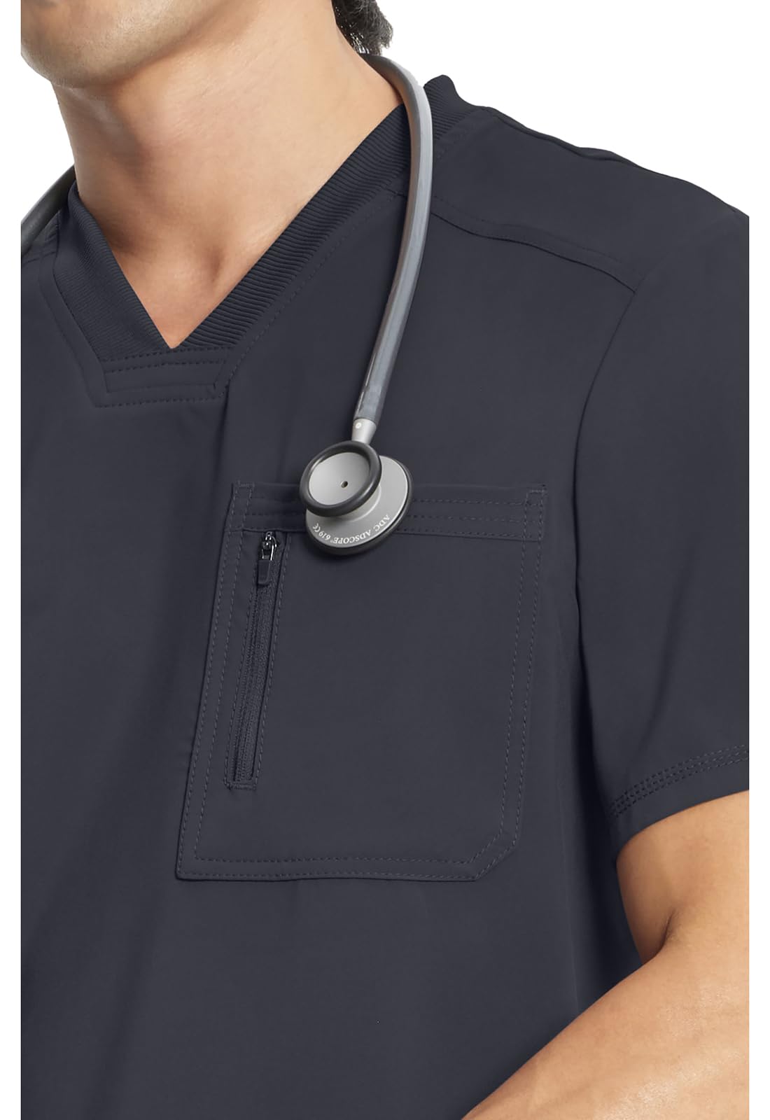 Cherokee Infinity Mens Tuckable V-Neck Scrub Top Modern Fit, 2 Pockets, Zip Chest Pocket, Rib-Knit, 360° Stretch – CK910A