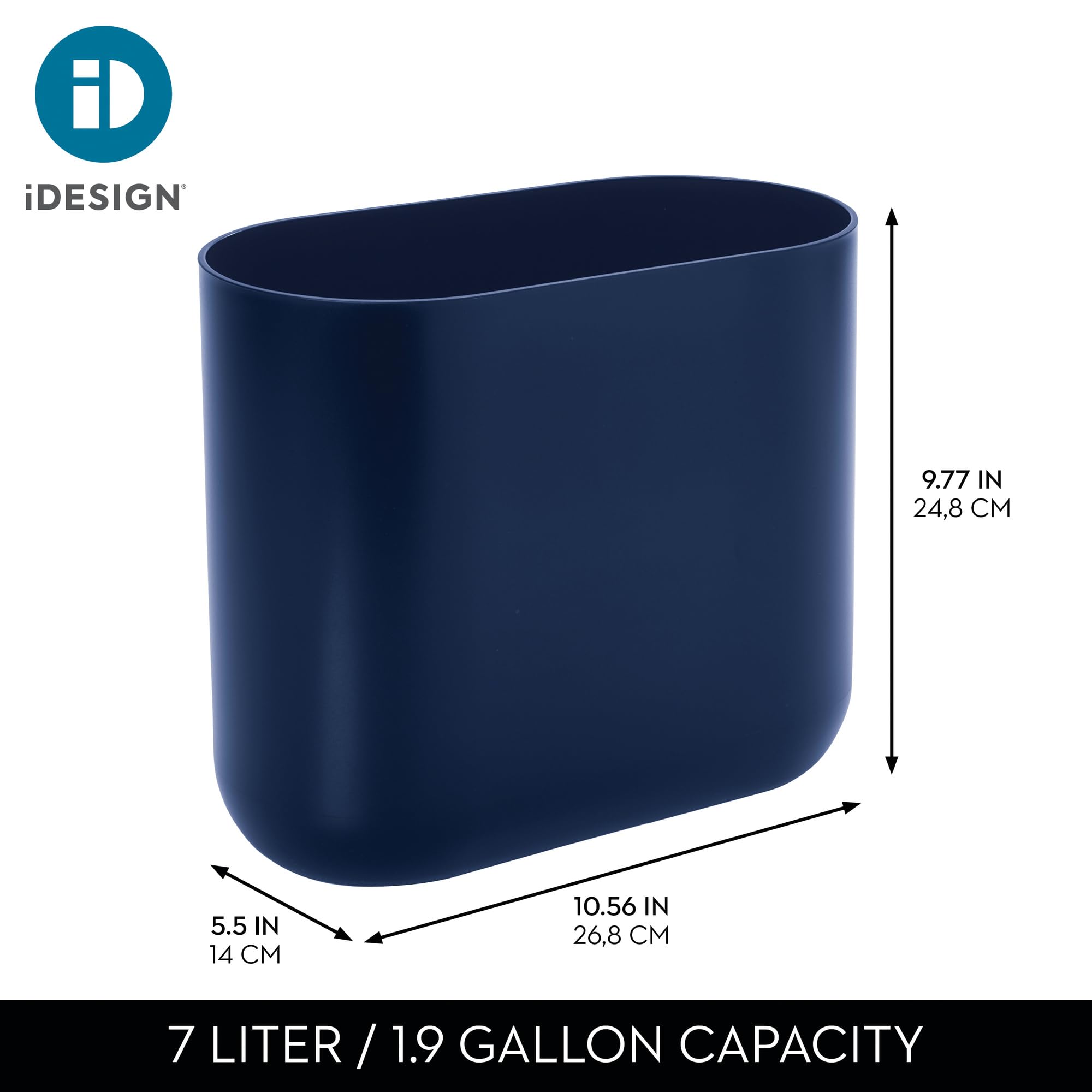 iDesign Small Slim Plastic Bathroom Trash Can, Black | Garbage Can for Bedroom, Office, Desk, Dorm