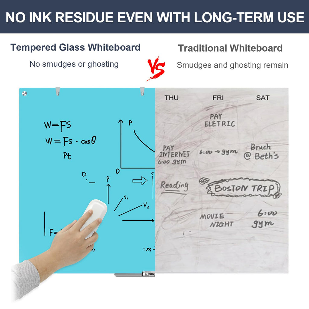 Dry Erase Board Black Magnetic Glass Whiteboard, TANKEE Modern Large Frameless Tempered Glass White Board for Wall, Office, School, Home, 36” x 24”, 3' x 2' White Board