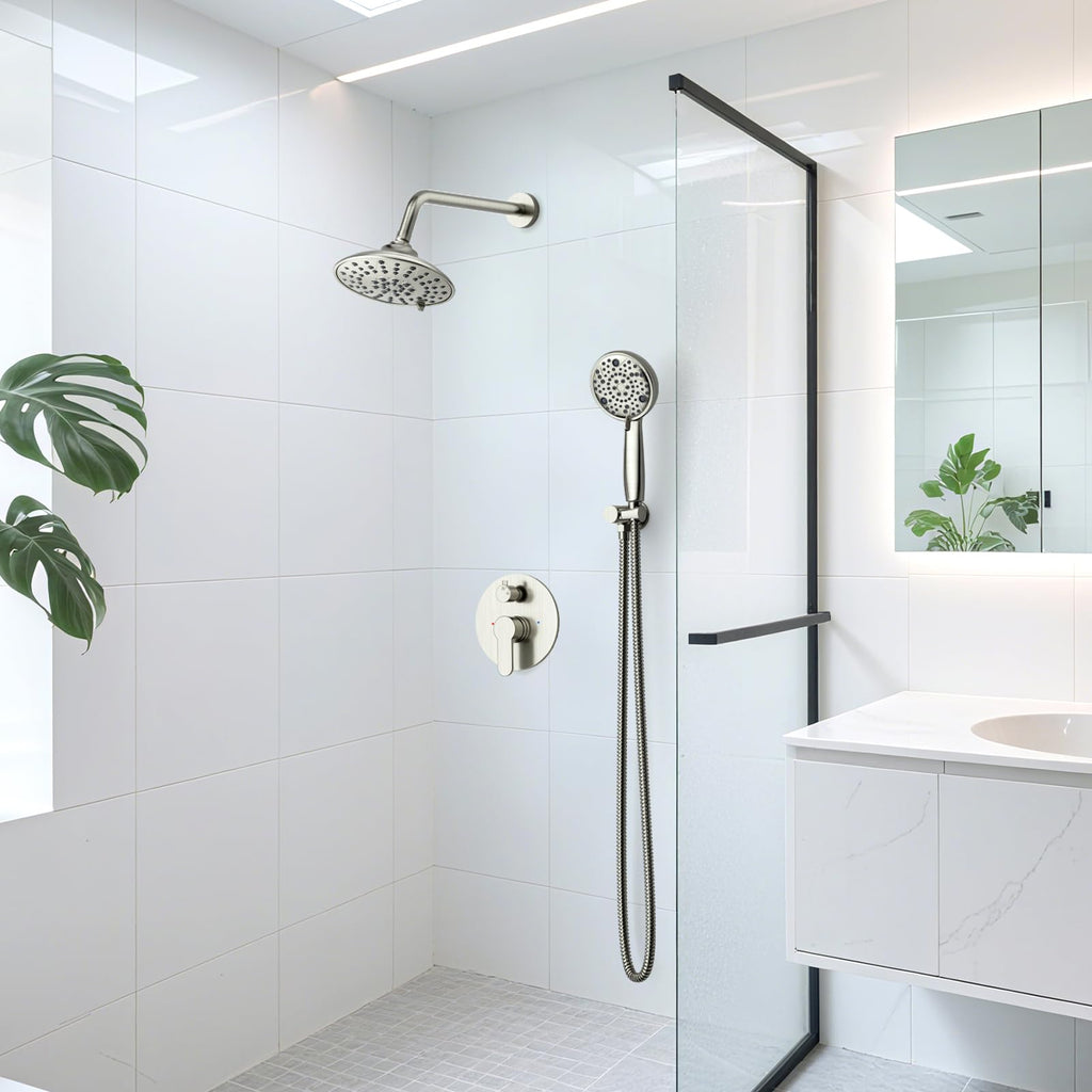 EMBATHER Shower Faucets Sets Complete, with 3 Setting High Pressure Shower Head Combo, Bathroom Wall Mounted Rainfall Shower System Fixtures with 8-Mode Handheld Spray, Brushed Nickel