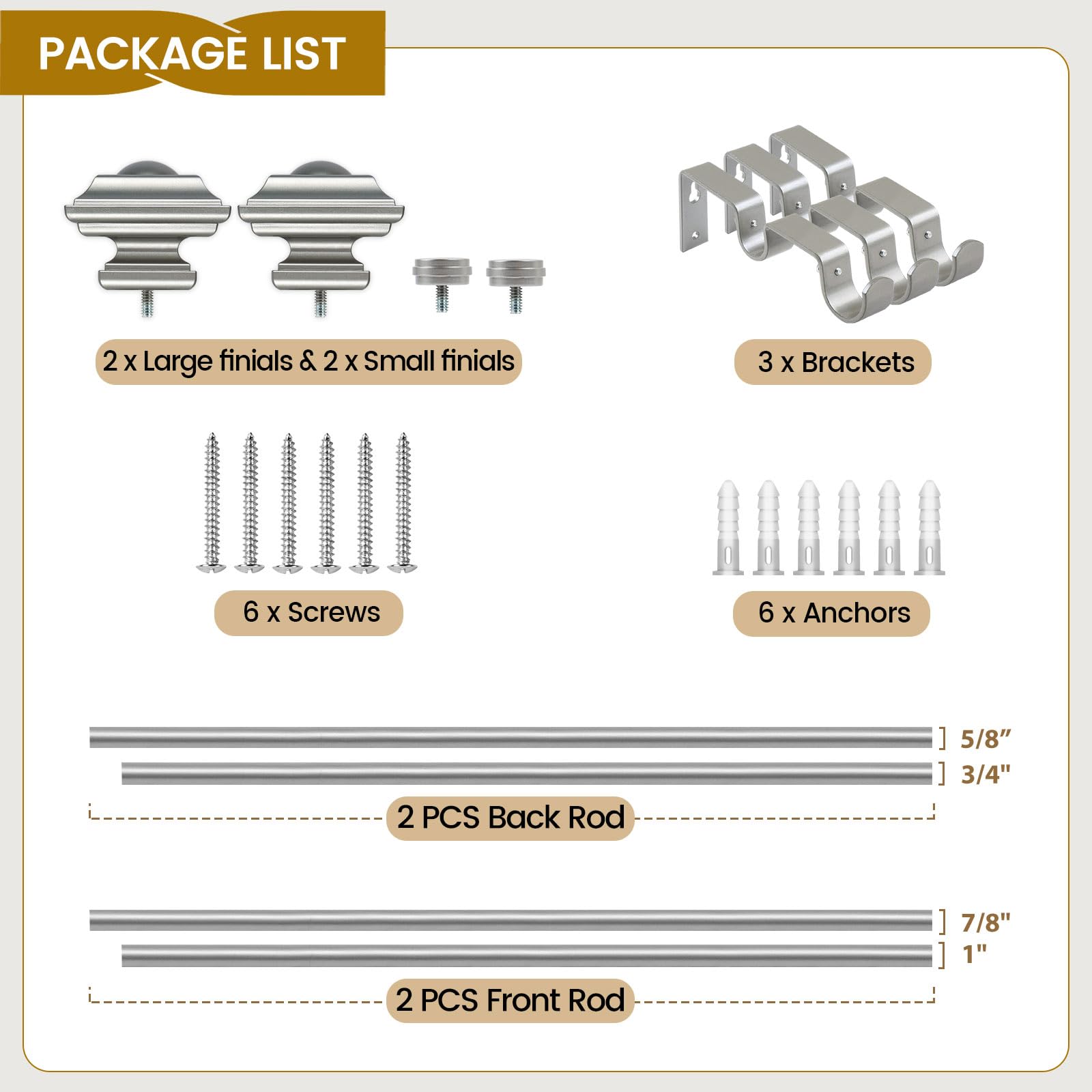 KAMANINA 1 Inch Double Curtain Rods 36 to 72 Inches (3-6 Feet) Telescoping Dark Silver Curtain Rod for Windows 24 to 68 Inches, Heavy Duty Drapery Rods with Square Finials
