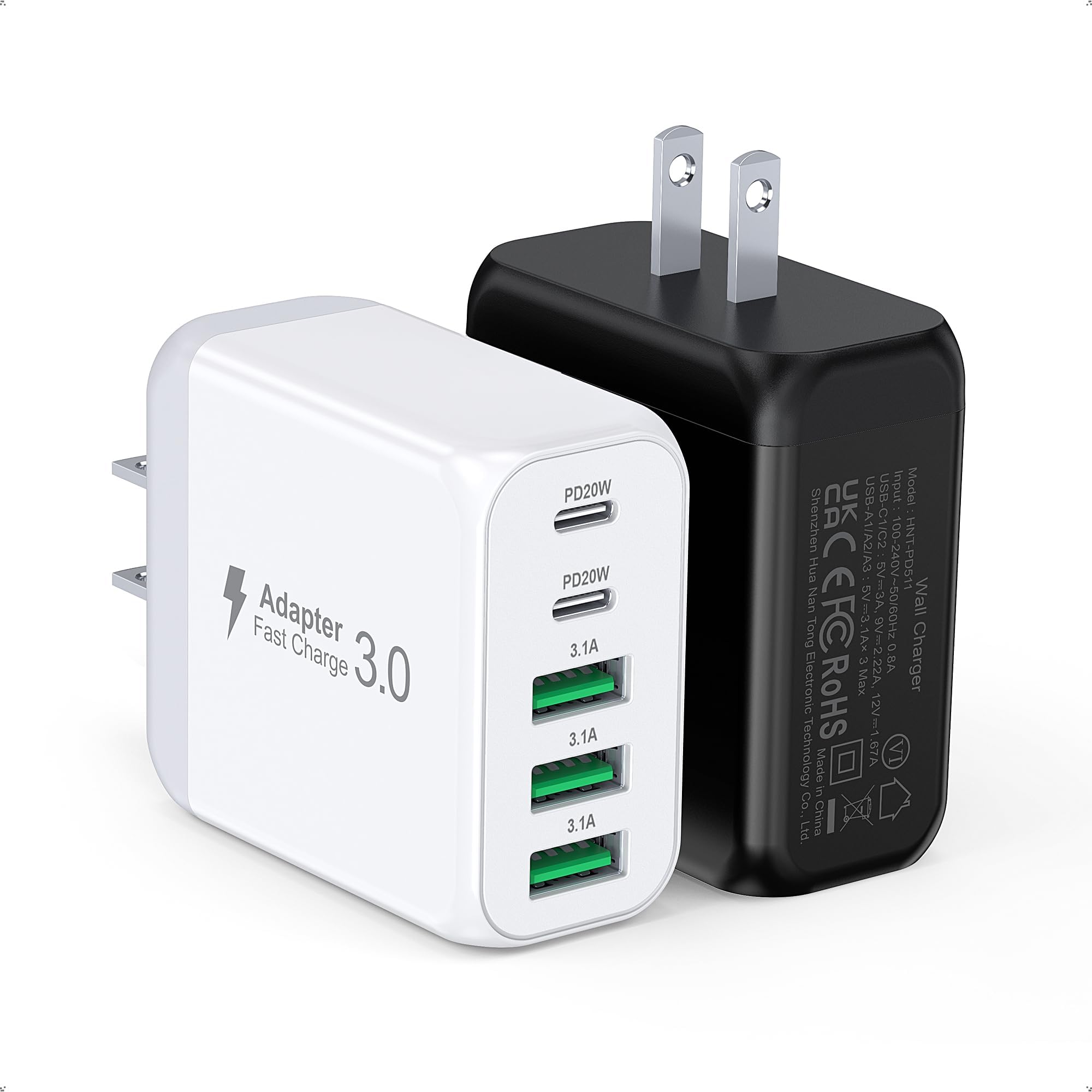 [2-Pack] 50W USB C Wall Charger Block, 5-Port C Charger Fast Charging Block PD Power Adapter +QC Multiport Type C Box Brick Cube USB A Wall Plug for iPhone 14/15/16/17 Pro Max,Samsung Galaxy(Black)