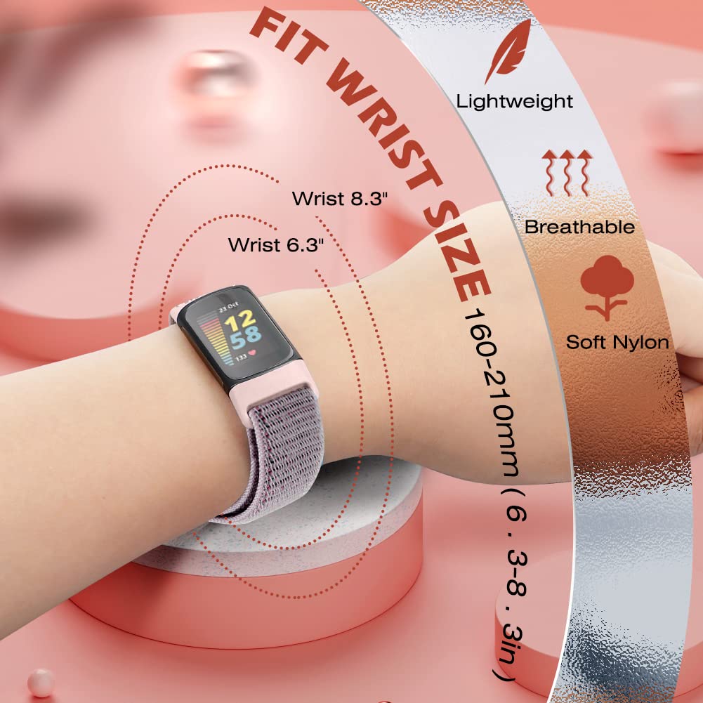 Sport Loop Nylon Watch Bands Compatible with Fitbit Charge 6/5, Adjustable Breathable Replacement Soft Nylon Loop Wristband for Women/Men
