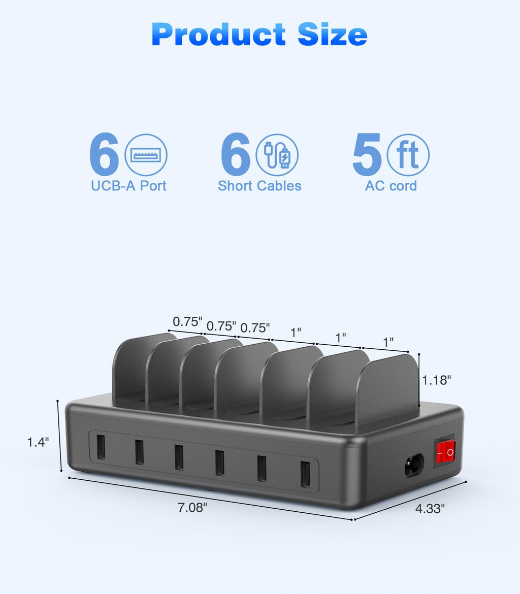 CREATIVE DESIGN 50W 6 Ports Multi Charger Station with 6 Charging Cables, USB Charging Dock for Multiple Devices, Compatible with Cellphone iPad Kindle Tablet and Other Electronic Devices