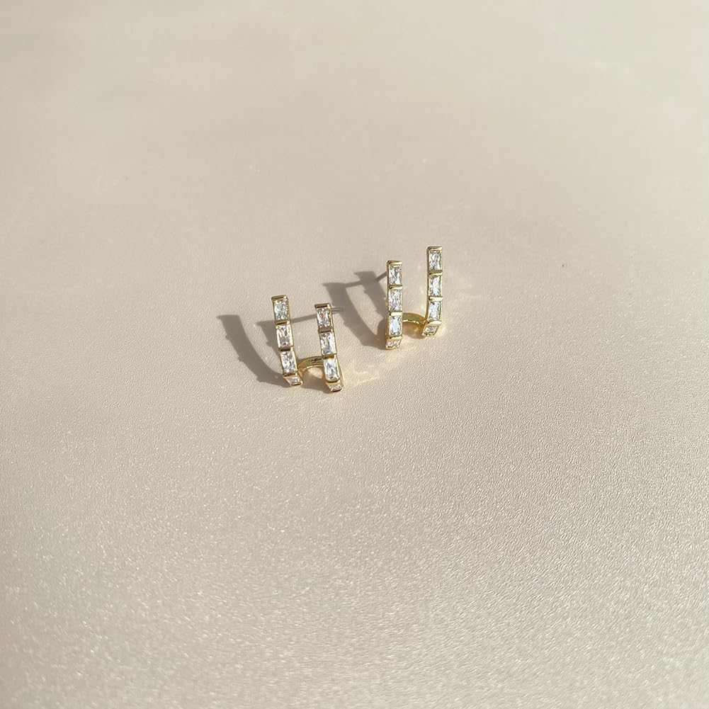 Obidos 14K Gold Plated Illusion Stud Earrings for Women | Triple Huggie Hoop Earrings for One Hole| Trendy Simple Hypoallergenic Fashion Accessories Gold Jewelry Gifts for Womens