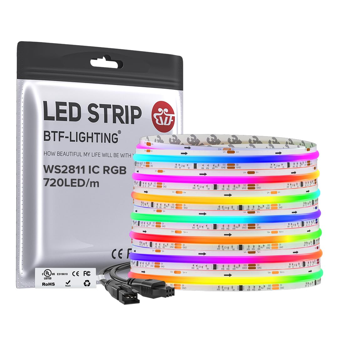 BTF-LIGHTING WS2811 Smart IC RGB FCOB COB LED Strip, UL Listed 630LEDs/m High Density Color Chasing Uniform Light, DC12V 12FT 10mm Width Tape Light for Home Party DIY Decor(No Adapter or Controller)