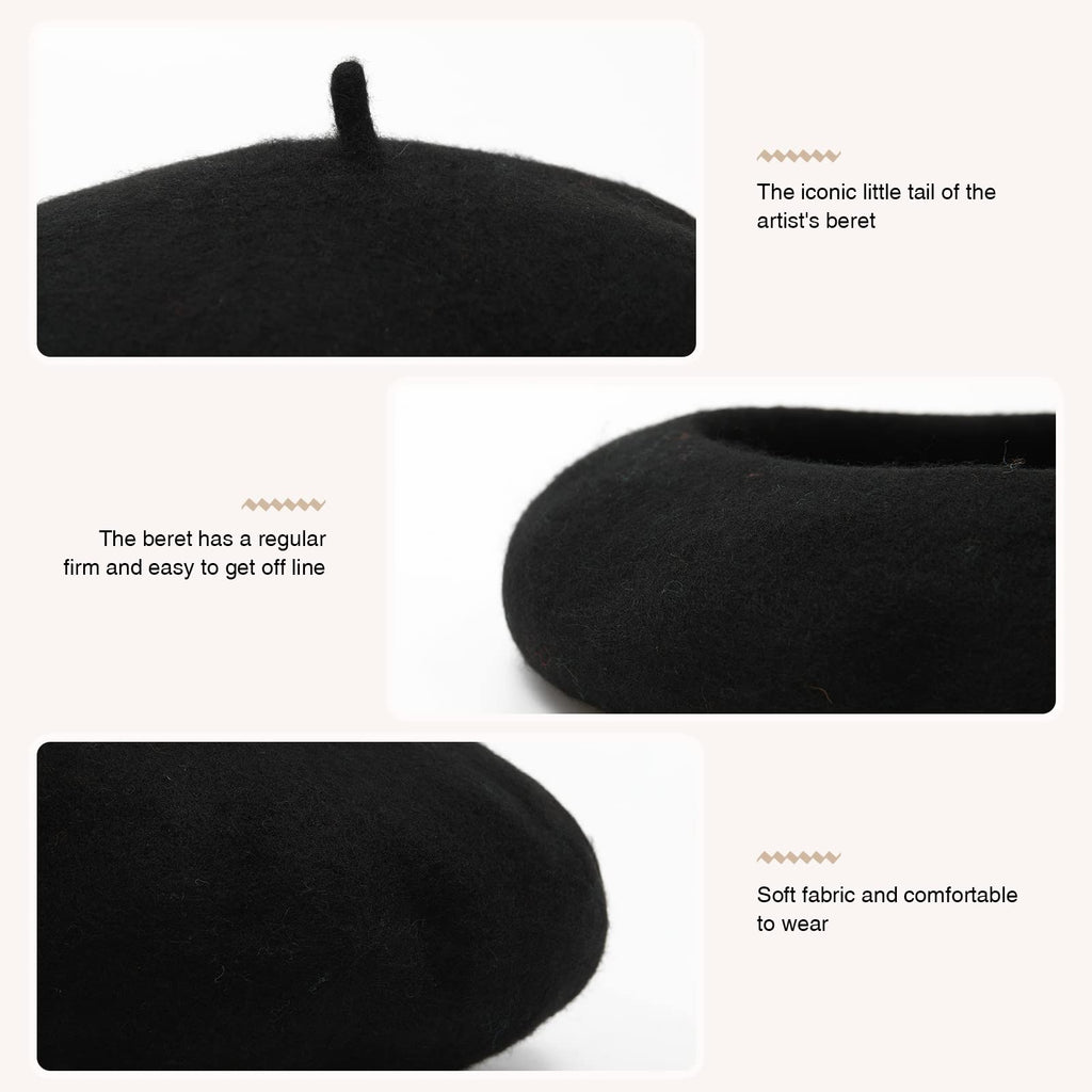 Women French Wool Beret Hats - Solid Color Classic Beanie Winter Cap