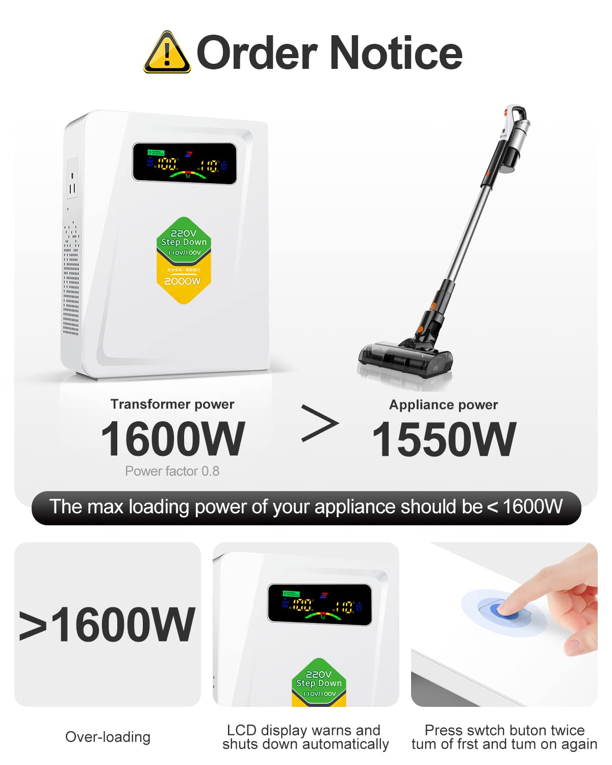 220v to 110v Step Down Transformer 1000W Power Voltage Converters, No Noise, Ten Protection Functions, Suit for Coffee Machines, Rice Cookers and Other US Appliances Used in Europe