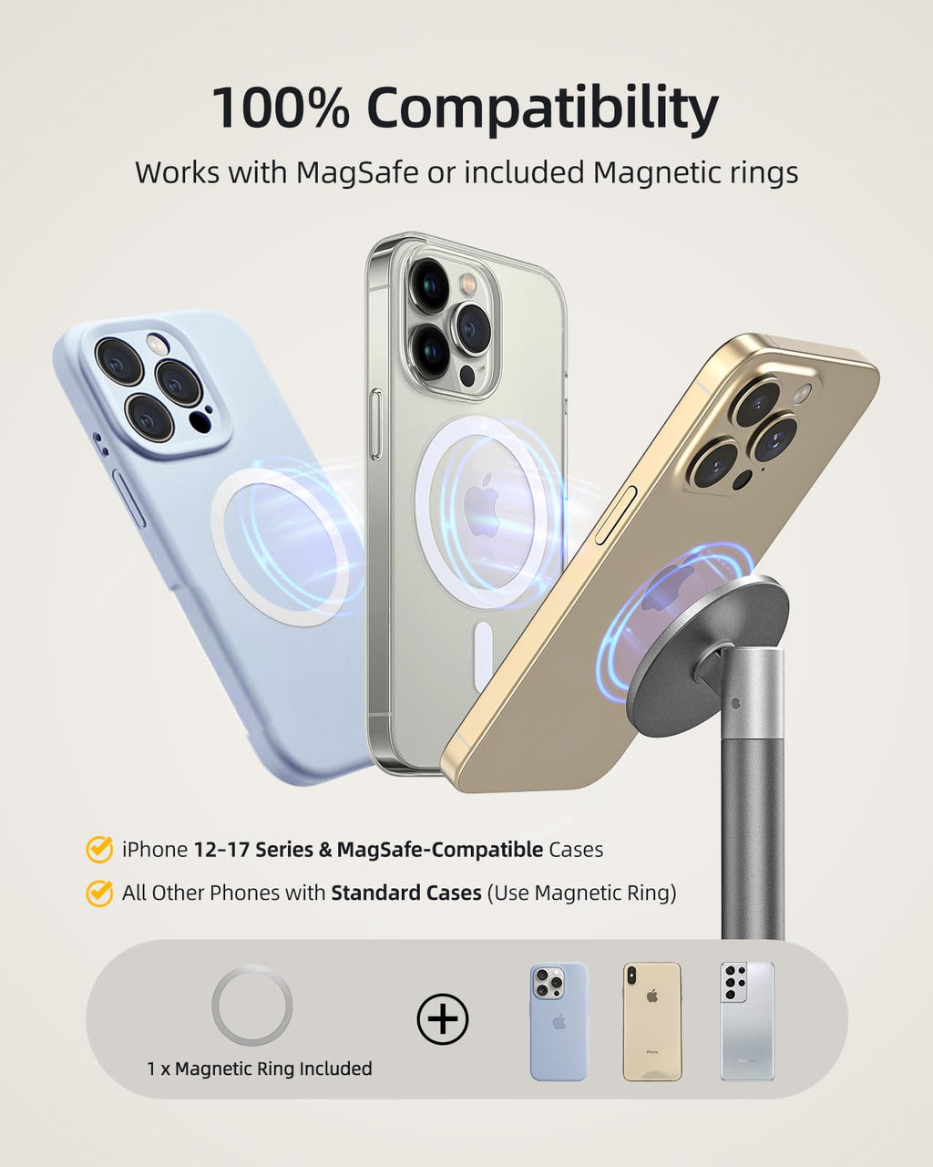 Nulaxy Magnetic Full Aluminum Cell Phone Stand for MagSafe with Metal Ring, 360 Rotating Phone Stand for Desk, Office Desk Accessories, Adjustable Phone Holder Compatible with All Phones, Gray