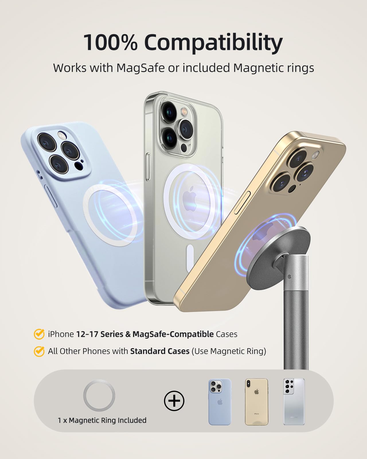 Nulaxy Magnetic Full Aluminum Cell Phone Stand for MagSafe with Metal Ring, 360 Rotating Phone Stand for Desk, Office Desk Accessories, Adjustable Phone Holder Compatible with All Phones, Gray