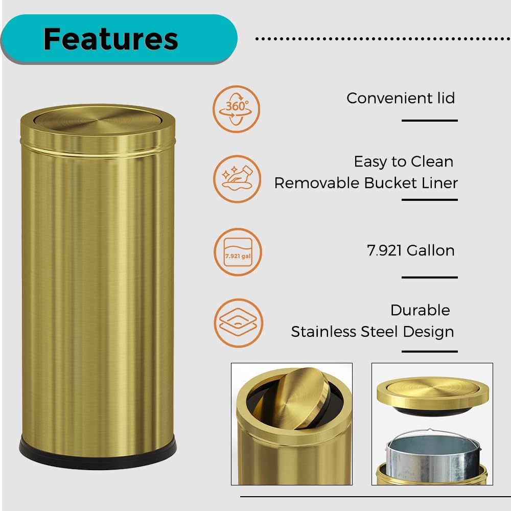 7.92 gallon/30L Kitchen Trash Can with Lid,Tall Slim,Elegant,Black,Brushed Stainless Steel Lgarbage Can for Office,Hotel,Kitchen (30Lblack)