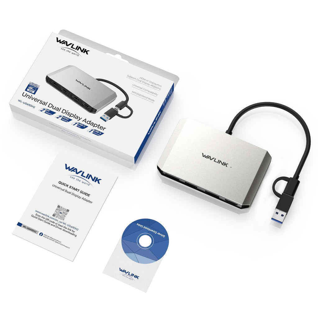 WAVLINK USB C or USB 3.0 to Dual HDMI/DisplayPort Adapter, Displaylink Monitor Splitter Extended Display for Dual Monitor 4K@60Hz, HDMI/DP Splitter Compatible with Mac M1-M5/Neo,Window Laptop-Black