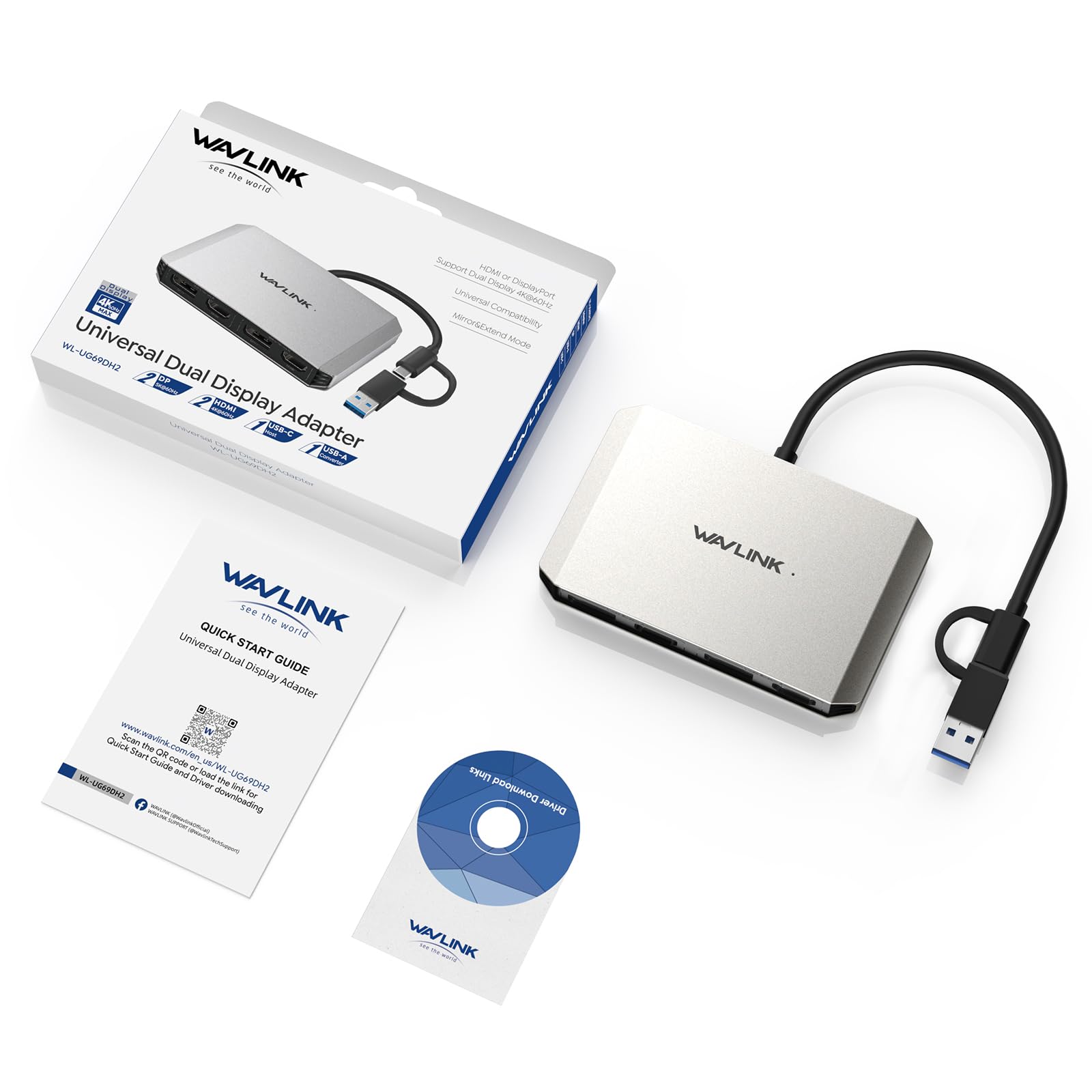 WAVLINK USB C or USB 3.0 to Dual HDMI/DisplayPort Adapter, Displaylink Monitor Splitter Extended Display for Dual Monitor 4K@60Hz, HDMI/DP Splitter Compatible with Mac M1-M5/Neo,Window Laptop-Black