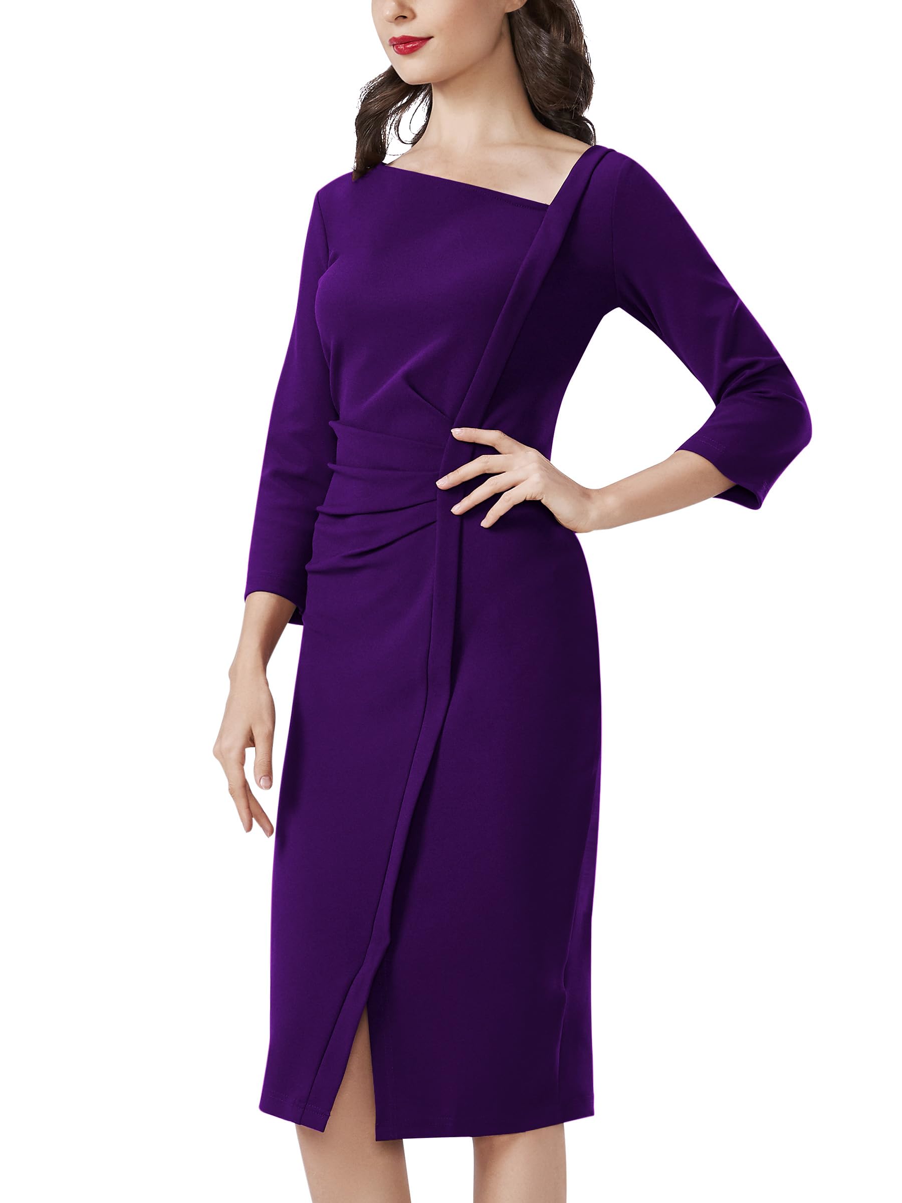 AISIZE Women's Retro 3/4 Sleeve Ruched Elegant Business Pencil Sheath Dress