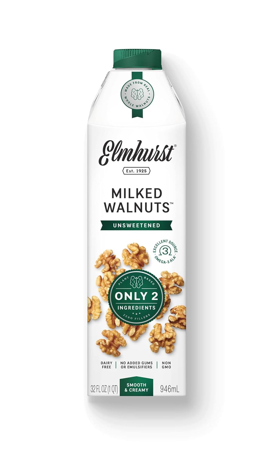 Elmhurst 1925 Unsweetened Walnut Milk - 32 Ounce Dairy-Free, Gluten-Free, Vegan, Kosher, Shelf Stable Milk Made with Water & Walnuts for Healthier, Simpler Plant-Based Alternatives